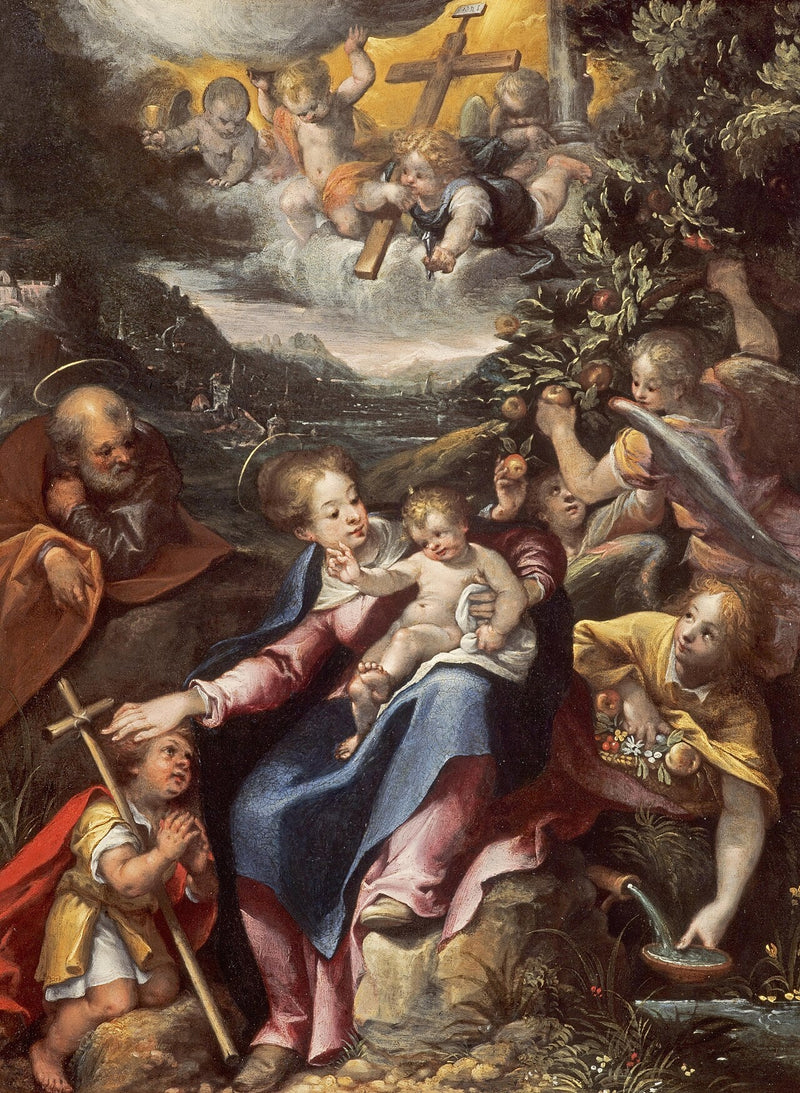 Die Heilige Familie mit dem kleinen Heiligen Johannes der Täufer in einer Landschaft - Denis Calvaert