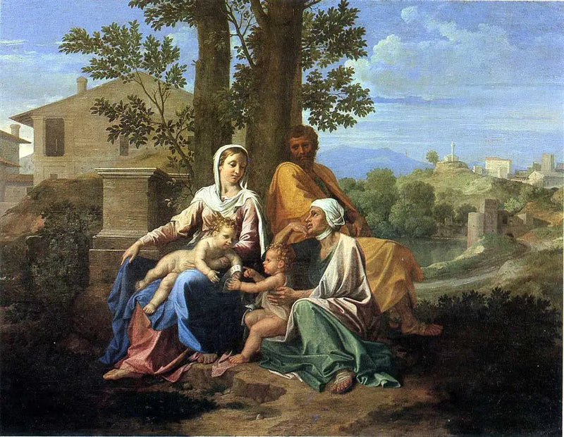 Die Heilige Familie mit Heiligen Johannes und Elisabeth in einer Landschaft - Nicolas Poussin