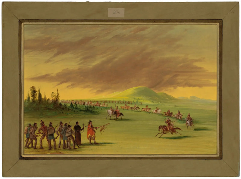 Die Halle trifft eine Gruppe von Indianerkämpfern der Cenis auf einer Wiese in Texas. 25. April 1686 - George Catlin
