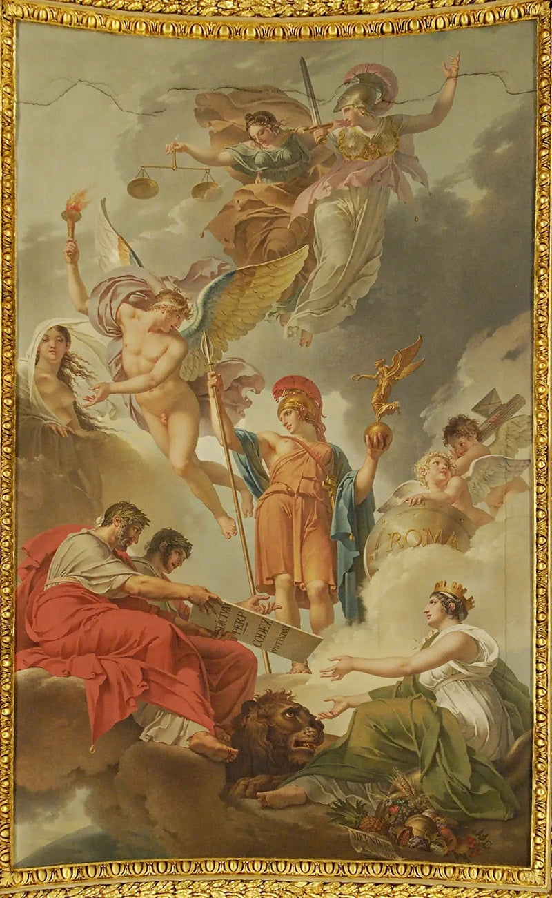 Die Erde, die Kaiser Adrien und Justinian empfängt, das Gesetzbuch des römischen Rechts, diktiert von der Natur, der Gerechtigkeit und der Weisheit - Charles Meynier