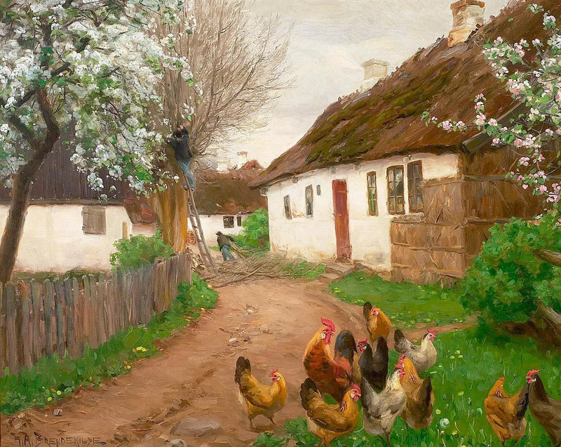 Das Leben des Dorfes an einem Frühlingstag mit Menschen und Bäumen. - H. A. Brendekilde