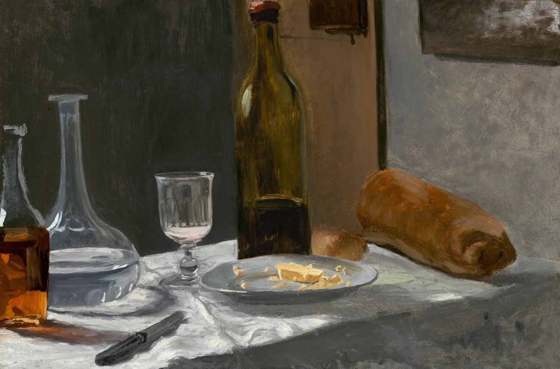 La vie morte avec bouteille, carafe, pain et vin - Claude Monet image 1 reproduction artisanale de tableau