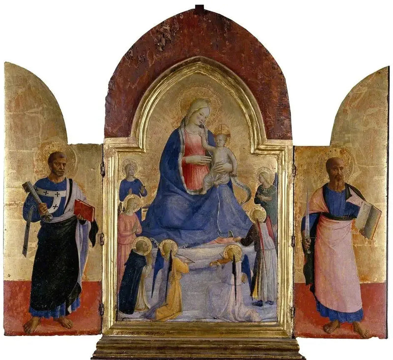 Die Jungfrau mit dem Kind und Engeln sowie einem dominikanischen Heiligen (in der Mitte); Heiliger Petrus (links); Heiliger Paulus (rechts) - Fra Angelico