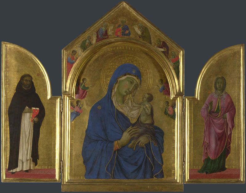 Die Jungfrau mit dem Kind mit den Heiligen Dominikus und Aurea - Duccio di Buoninsegna
