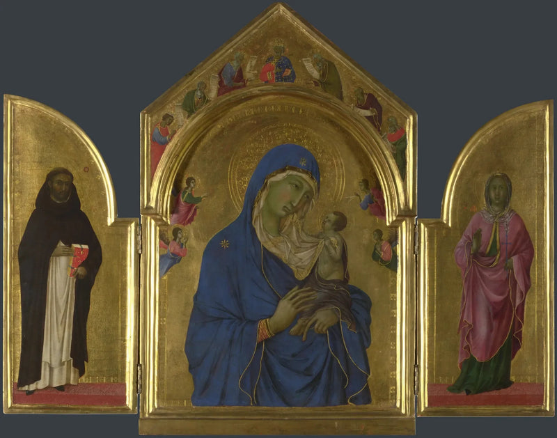 Die Jungfrau mit dem Kind mit den Heiligen Dominikus und Aurea - Duccio di Buoninsegna