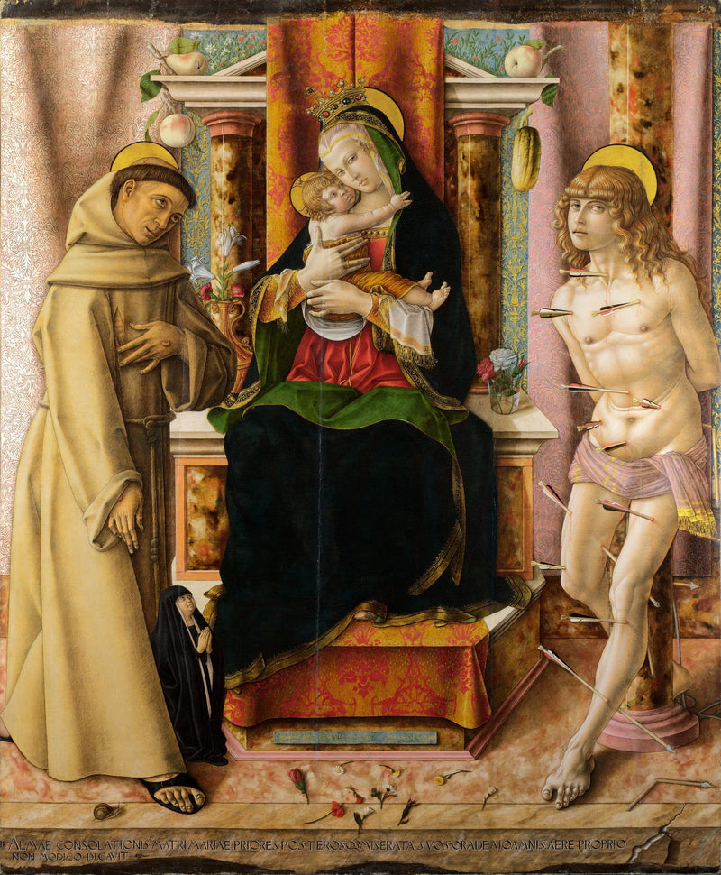 Die Jungfrau mit dem Kind mit den Heiligen Franziskus und Sebastian - Carlo Crivelli