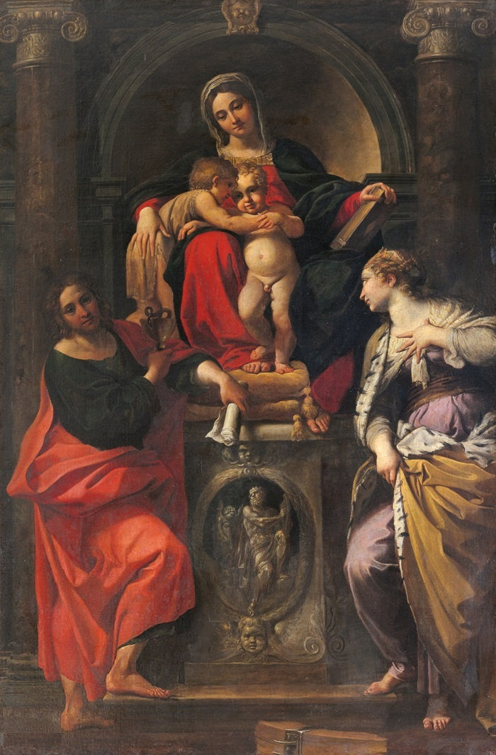 Die Jungfrau mit dem Kind mit den Heiligen Johannes dem Täufer, Johannes dem Evangelisten und Katharina - Annibale Carracci