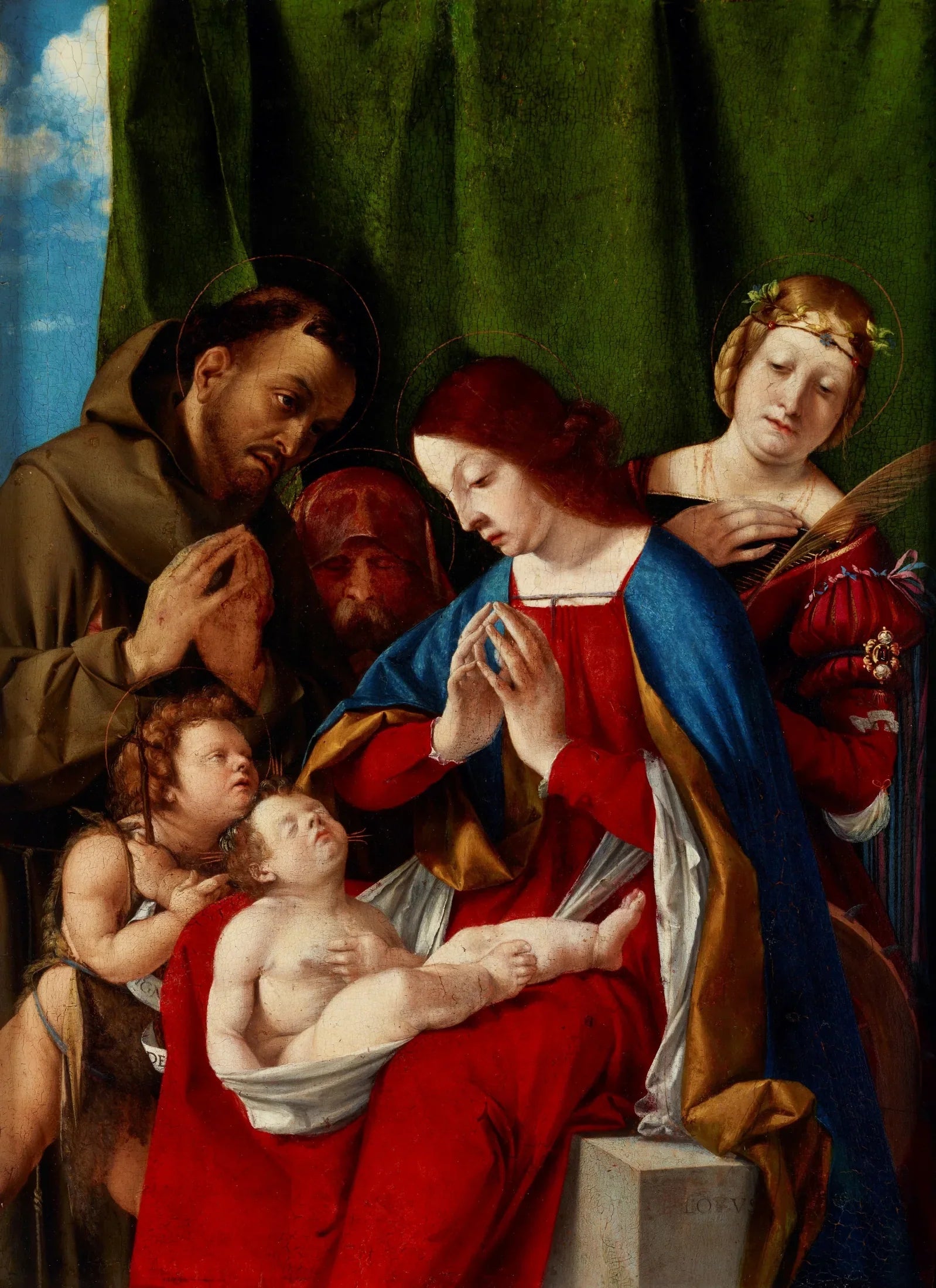 La Vierge à l'Enfant avec les saints Jean-Baptiste, François d'Assise, Joseph (?) et Catherine d'Alexandrie - Lorenzo Lotto image 1 tableau peint à l’huile sur toile