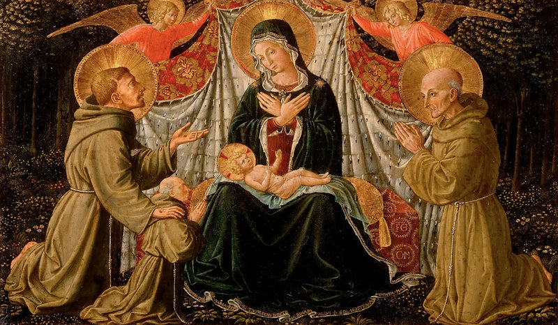 Die Jungfrau mit dem Kind mit dem heiligen Franziskus und dem Spender Vater Jacopo da Montefalco (links) und dem heiligen Bernhard von Siena (rechts) - Benozzo Gozzoli