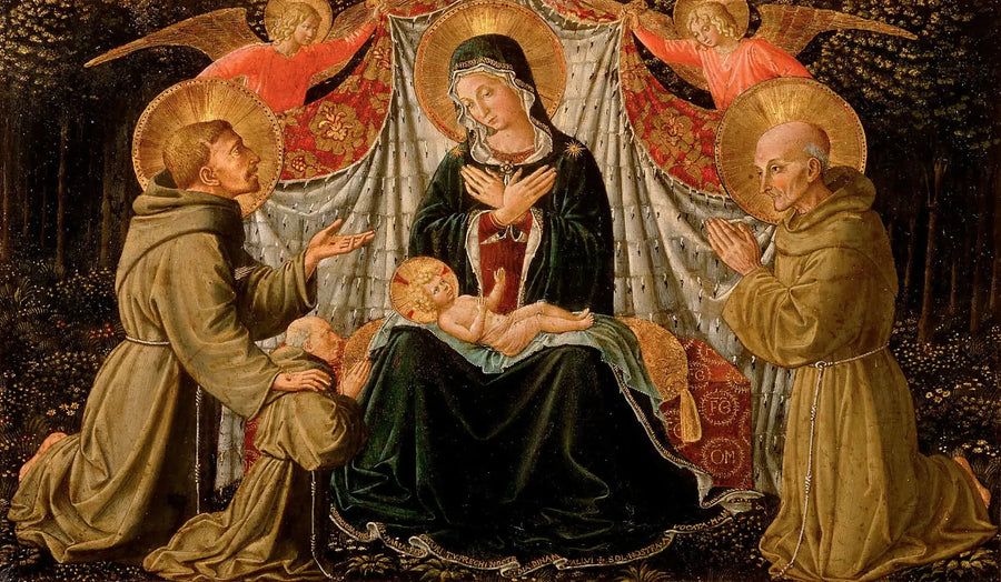 Die Jungfrau mit dem Kind mit dem heiligen Franziskus und dem Spender Vater Jacopo da Montefalco (links) und dem heiligen Bernhard von Siena (rechts) - Benozzo Gozzoli