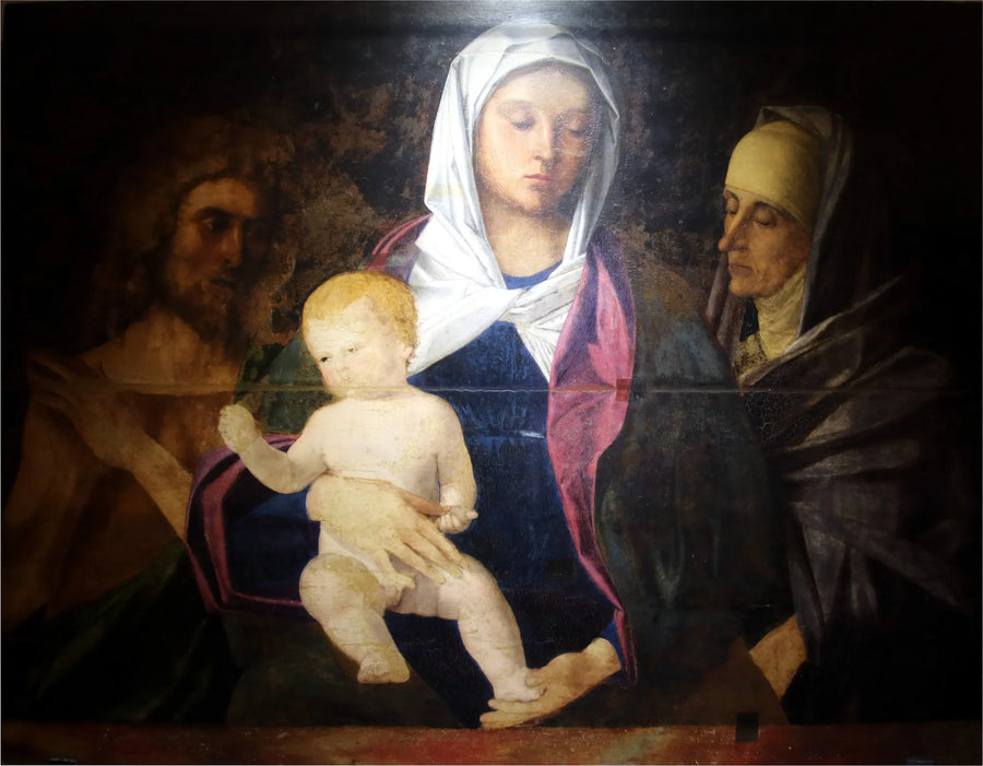 Die Jungfrau mit dem Kind, begleitet von Johannes dem Täufer und Anna selbdritt - Giovanni Bellini