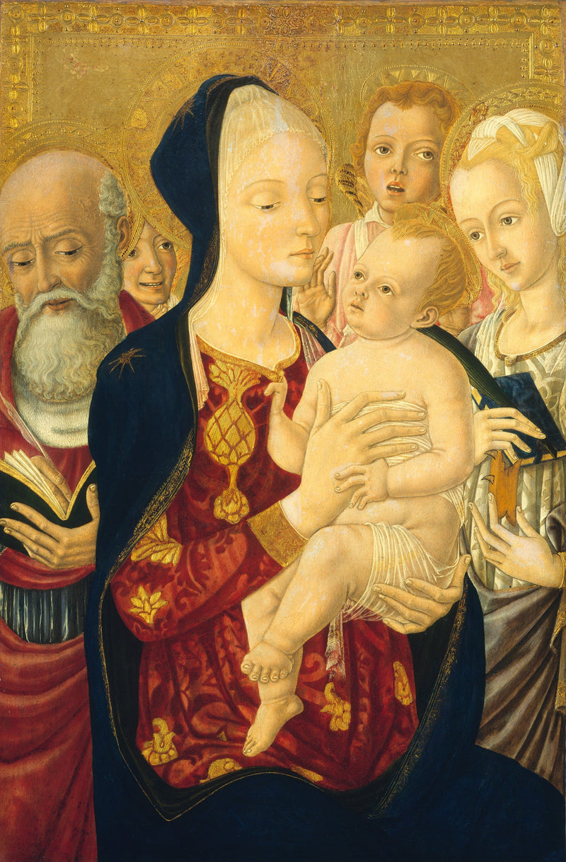 Die Jungfrau mit dem Kind, mit heiligem Hieronymus, heilige Katharina von Alexandria und Engeln - Matteo di Giovanni
