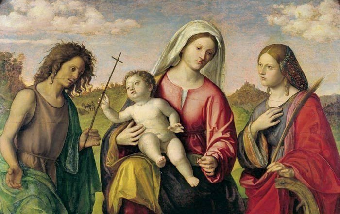 Die Jungfrau mit Kind mit der heiligen Katharina und dem heiligen Johannes dem Täufer - Cima da Conegliano