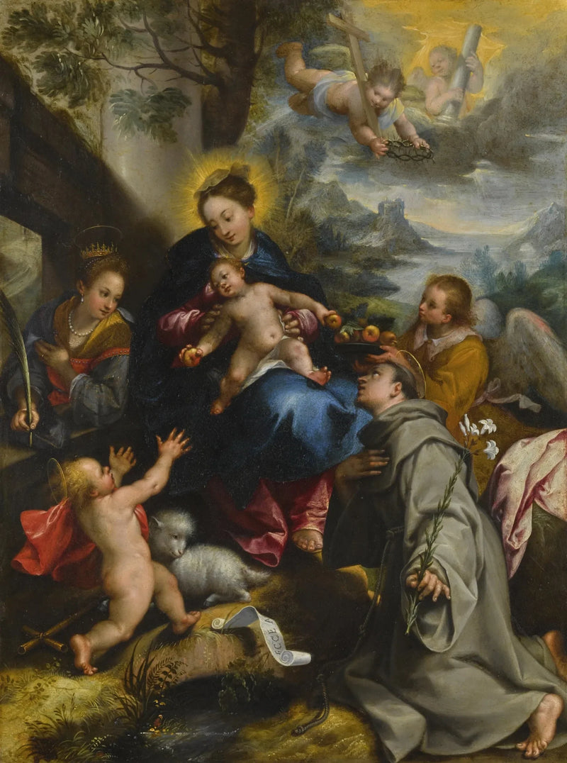 Die Jungfrau mit dem Kind, mit der heiligen Katharina, dem heiligen Dominikus und dem kleinen heiligen Johannes dem Täufer, eine Landschaft im Hintergrund - Denis Calvaert