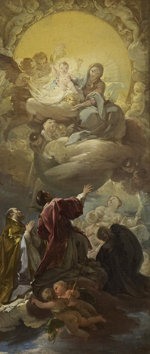 Die Jungfrau mit dem Kind in Herrlichkeit, die auf den heiligen Stephanus und drei weitere Heilige erscheint - Corrado Giaquinto