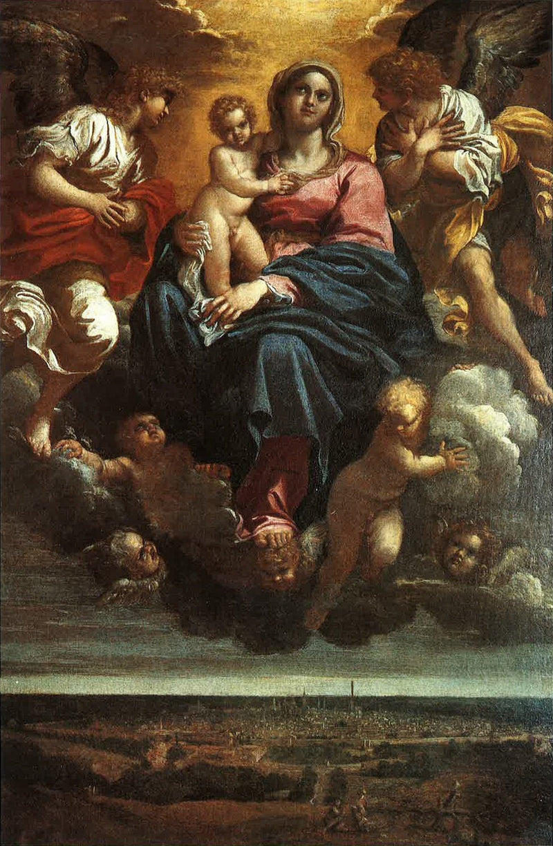 Die Jungfrau mit dem Kind in Herrlichkeit über der Stadt Bologna - Annibale Carracci