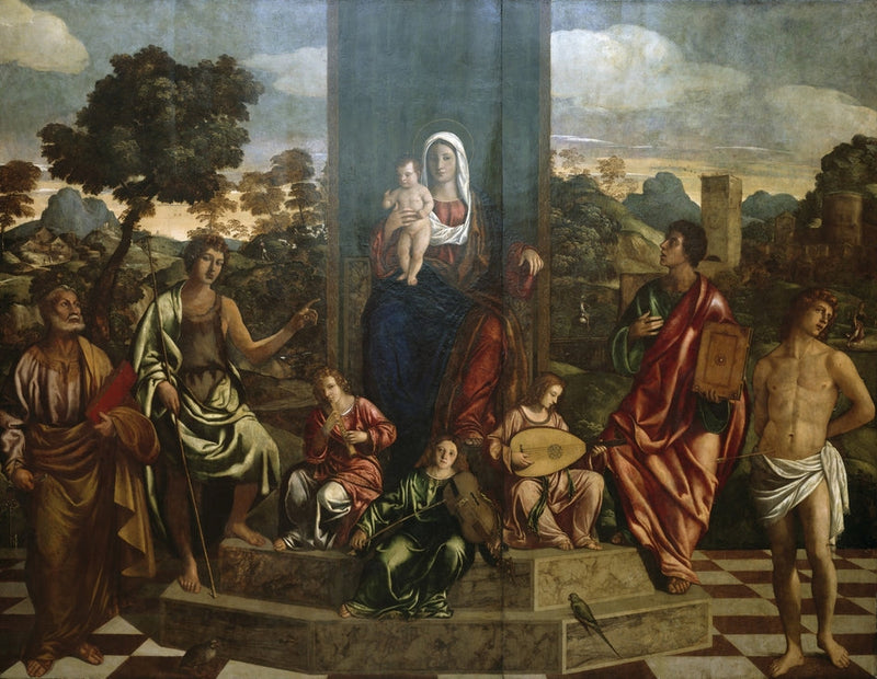 Die Jungfrau mit dem Kind in Majestät mit den Heiligen Petrus, Johannes Baptist, Johannes Evangelist, Sebastian und drei musizierenden Engeln - Giovanni Bellini