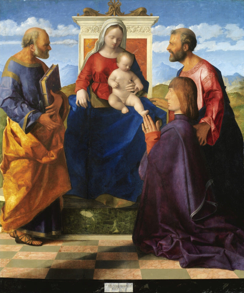 Die Jungfrau mit dem Kind im Thron mit Heiligen und einem Spender - Giovanni Bellini