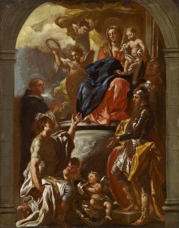 Die Jungfrau mit Kind auf einem Thron mit dem heiligen Petrus als Märtyrer und zwei heiligen Kriegern - Francesco Solimena