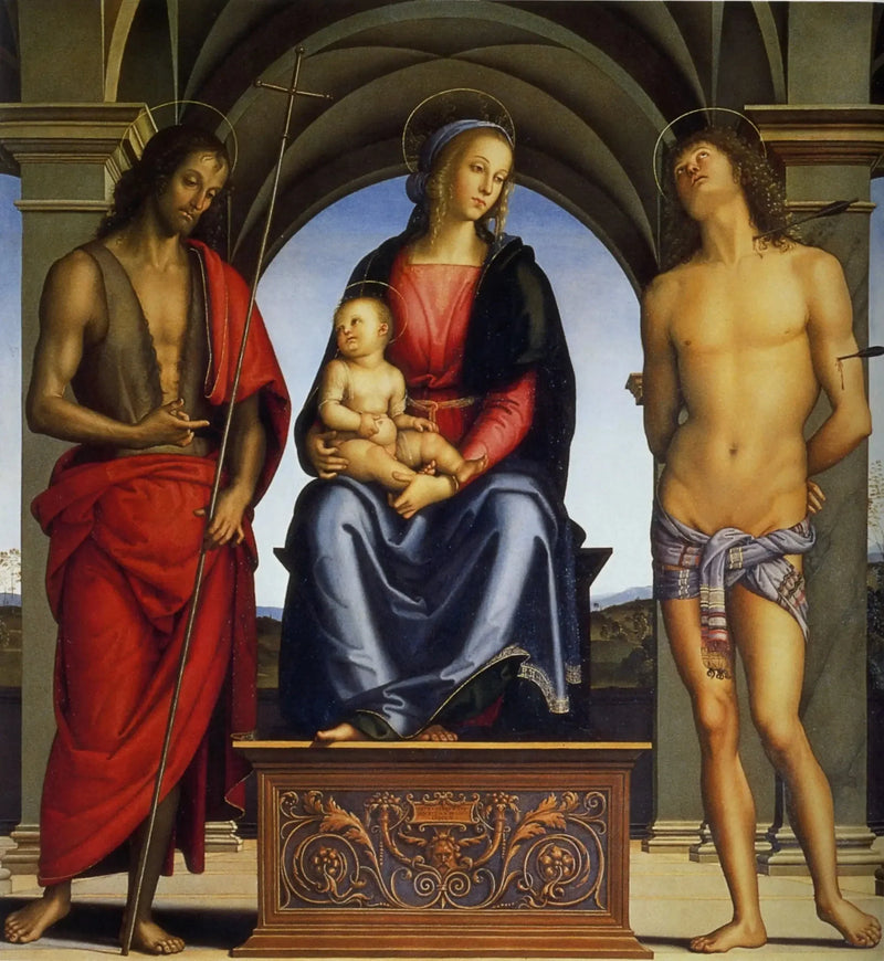 Die Jungfrau mit dem Kind zwischen den Heiligen Johannes dem Täufer und Sebastian - Pietro Perugino