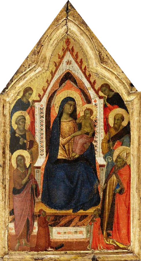 Die Jungfrau mit dem Kind thronend, flankiert von den Heiligen Johannes dem Täufer, Petrus, Paulus und Zeno (?) sowie zwei Engeln, darunter zwei Spender - Taddeo Gaddi