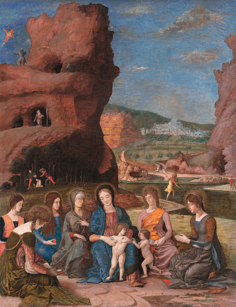 Die Jungfrau mit dem Kind und dem kleinen heiligen Johannes dem Täufer sowie sechs Heiligen - Andrea Mantegna