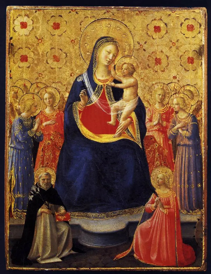 Die Jungfrau mit dem Kind auf dem Thron mit neun Engeln und den Heiligen Dominikus und Katharina von Alexandria - Fra Angelico