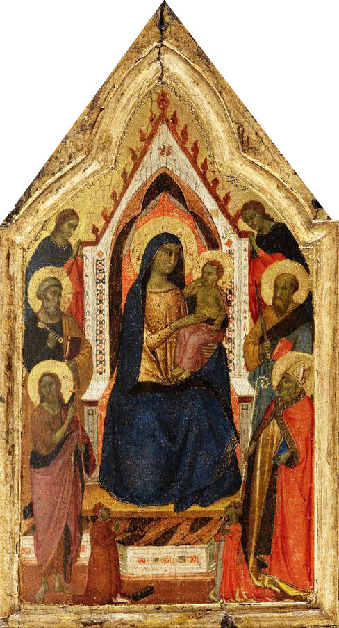 Die Jungfrau mit dem Kind thronend, flankiert von den Heiligen Johannes dem Täufer, Petrus, Paulus und Zeno (?) sowie zwei Engeln, darunter zwei Spender - Taddeo Gaddi