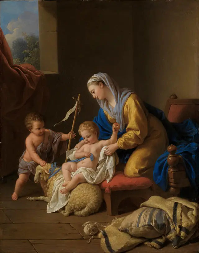 Die Jungfrau amüsiert das Jesuskind, den kleinen Heiligen Johannes mit einem Schaf - Louis Jean François Lagrenée