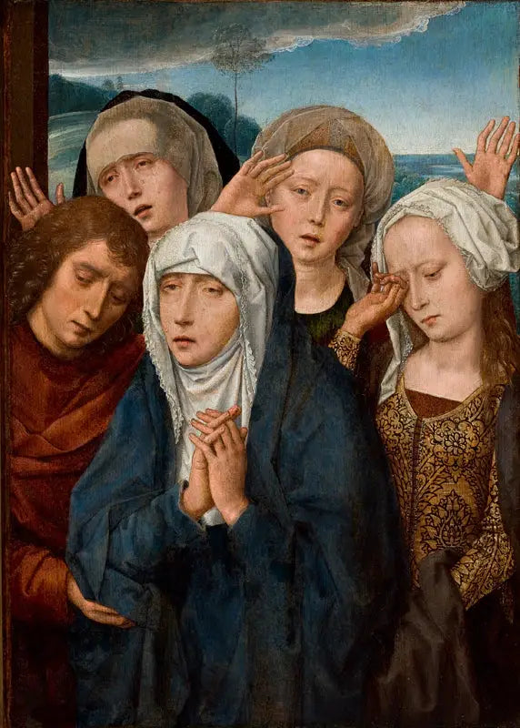 Die trauernde Jungfrau mit Johannes dem Evangelisten und den frommen Frauen aus Galiläa - Hans Memling