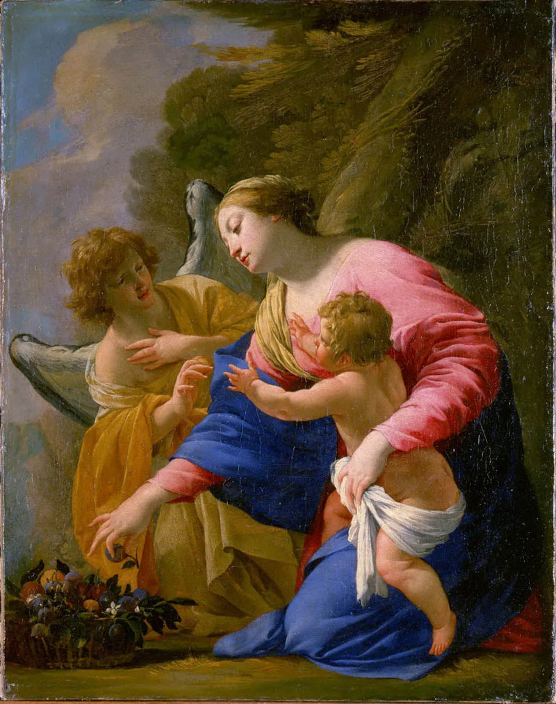Die Jungfrau und das Kind im Obstkorb mit einem Engel in einer Landschaft - Simon Vouet