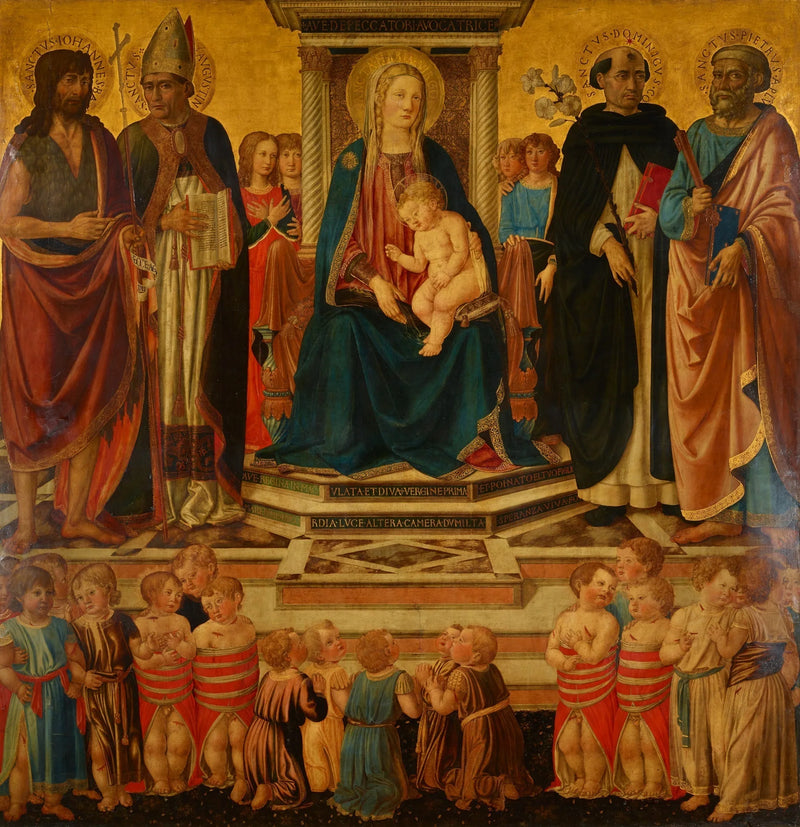 Die Jungfrau und das Kind, das segnend auf dem Thron sitzt, mit den Heiligen Johannes, Augustinus, Dominikus, Petrus und den Opfern des bethämitischen Kindermords - Cosimo Rosselli