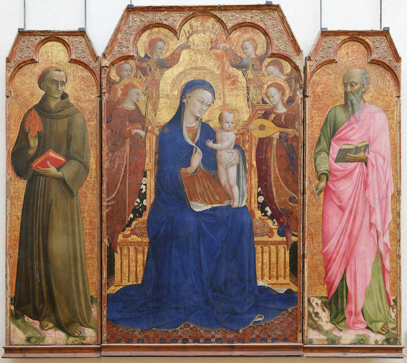 Die Jungfrau und das Kind umgeben von Engeln, St. Antonius von Padua und St. Johannes Evangelist - Stefano di Giovanni (Sassetta)