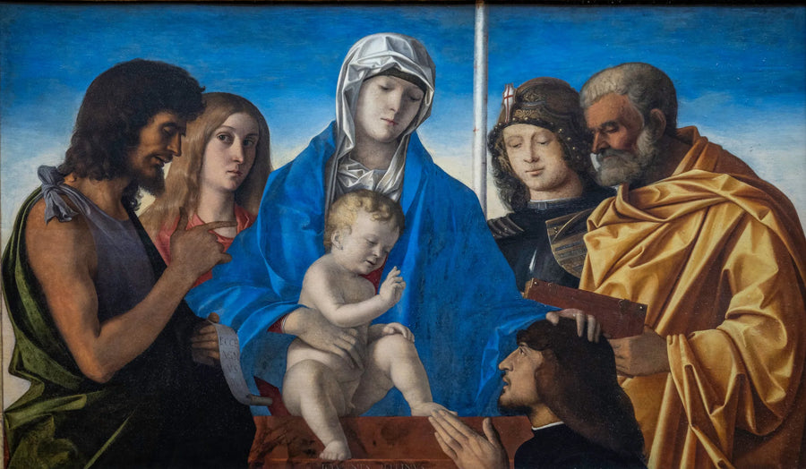 Die Jungfrau und das Kind umgeben von Johannes dem Täufer, der heiligen Maria Magdalena, dem heiligen Georg, dem heiligen Petrus und einem Spender - Giovanni Bellini