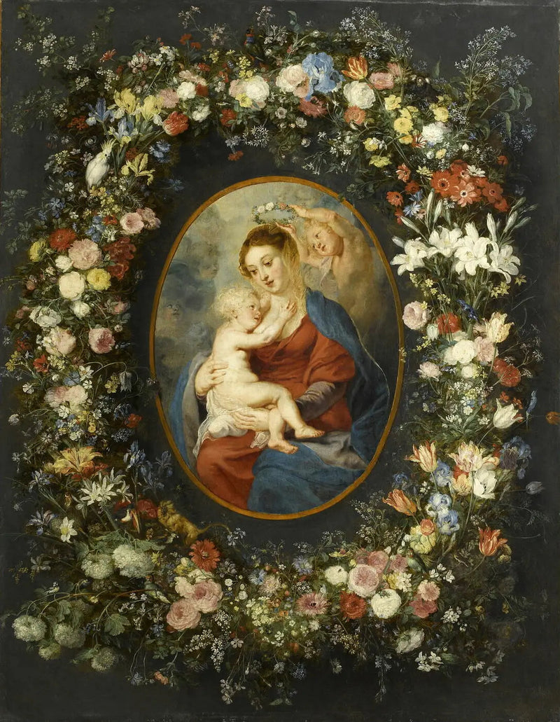 Die Jungfrau, das Jesuskind und ein Engel inmitten einer Blumengirlande - Peter Paul Rubens