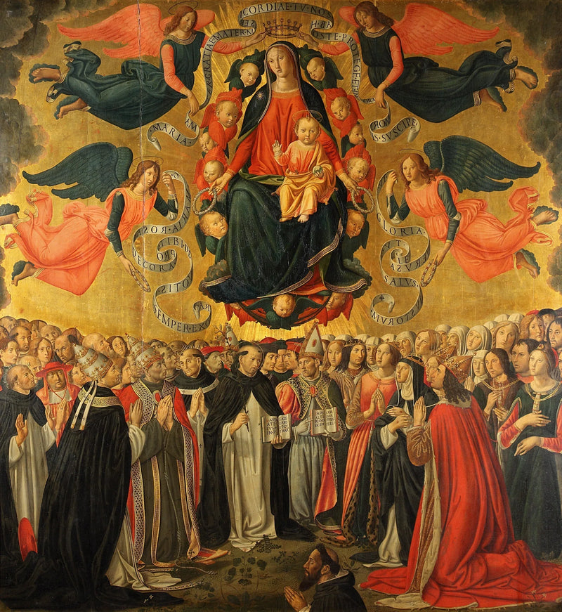 Die Jungfrau Maria mit dem Jesuskind in Herrlichkeit, verehrt von Engeln, Heiligen, Gebeten und einem Spender. - Cosimo Rosselli