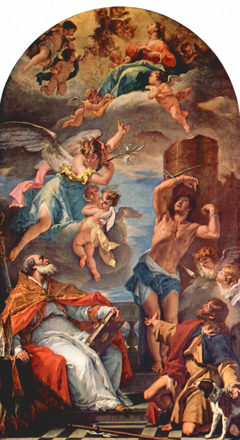 Die Jungfrau Maria in Herrlichkeit mit Erzengel Gabriel und den heiligen Eusebius, den heiligen Sebastian und den heiligen Roch - Sebastiano Ricci