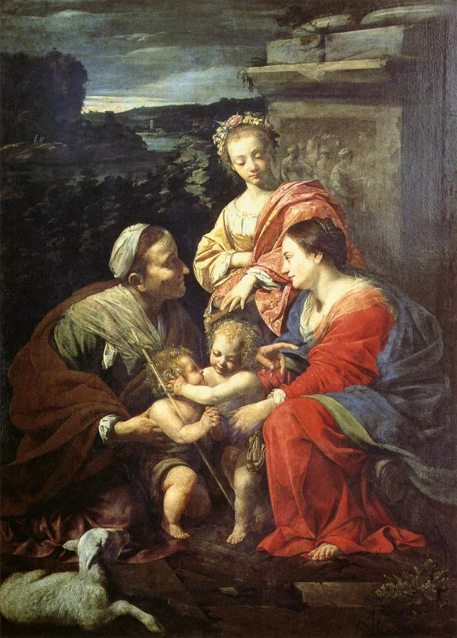 La Vierge Marie et l'Enfant-Jésus avec Sainte Élisabeth, Saint Jean-Baptiste et Sainte Catherine - Simon Vouet image 1 reproduction artisanale de tableau