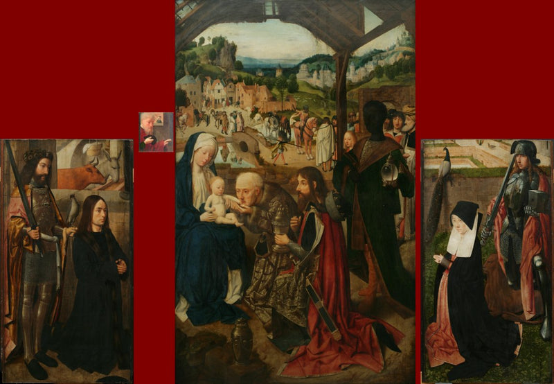 Anbetung der Weisen, Flügelretabel; linker Flügel: der Spender mit Heiligen Bavon; rechter Flügel: die Ehefrau des Spenders mit Heiligen Adrian - Geertgen tot Sint Jans