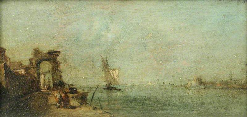 Lagune von Capriccio mit einer Ruinenbogenbrücke - Francesco Guardi