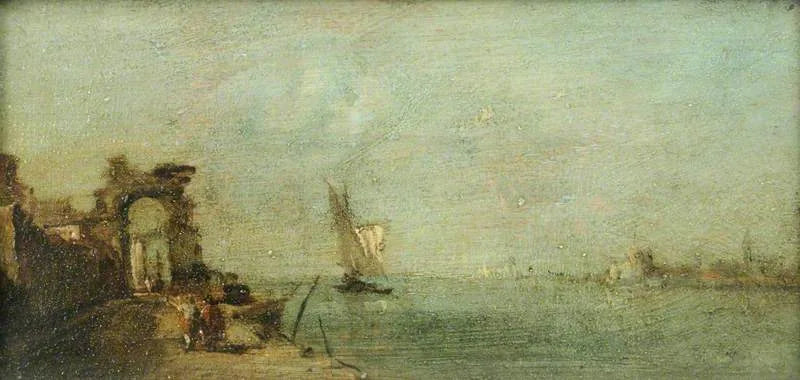 Lagune von Capriccio mit einer Ruinenbogenbrücke - Francesco Guardi