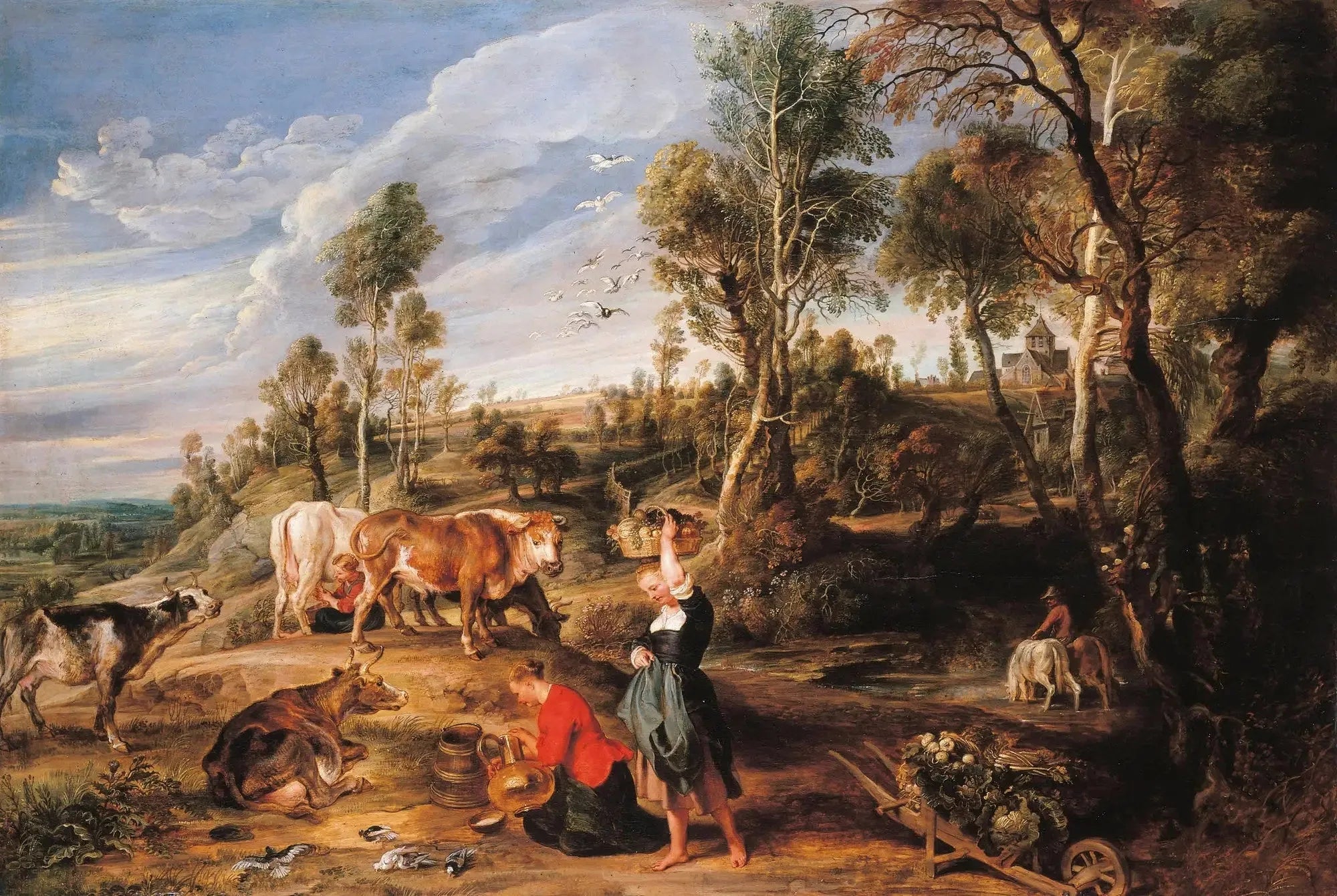 Laitières avec du bétail dans un paysage, « La Ferme de Laeken » - Peter Paul Rubens image 1 copie peinte à la main à l’huile