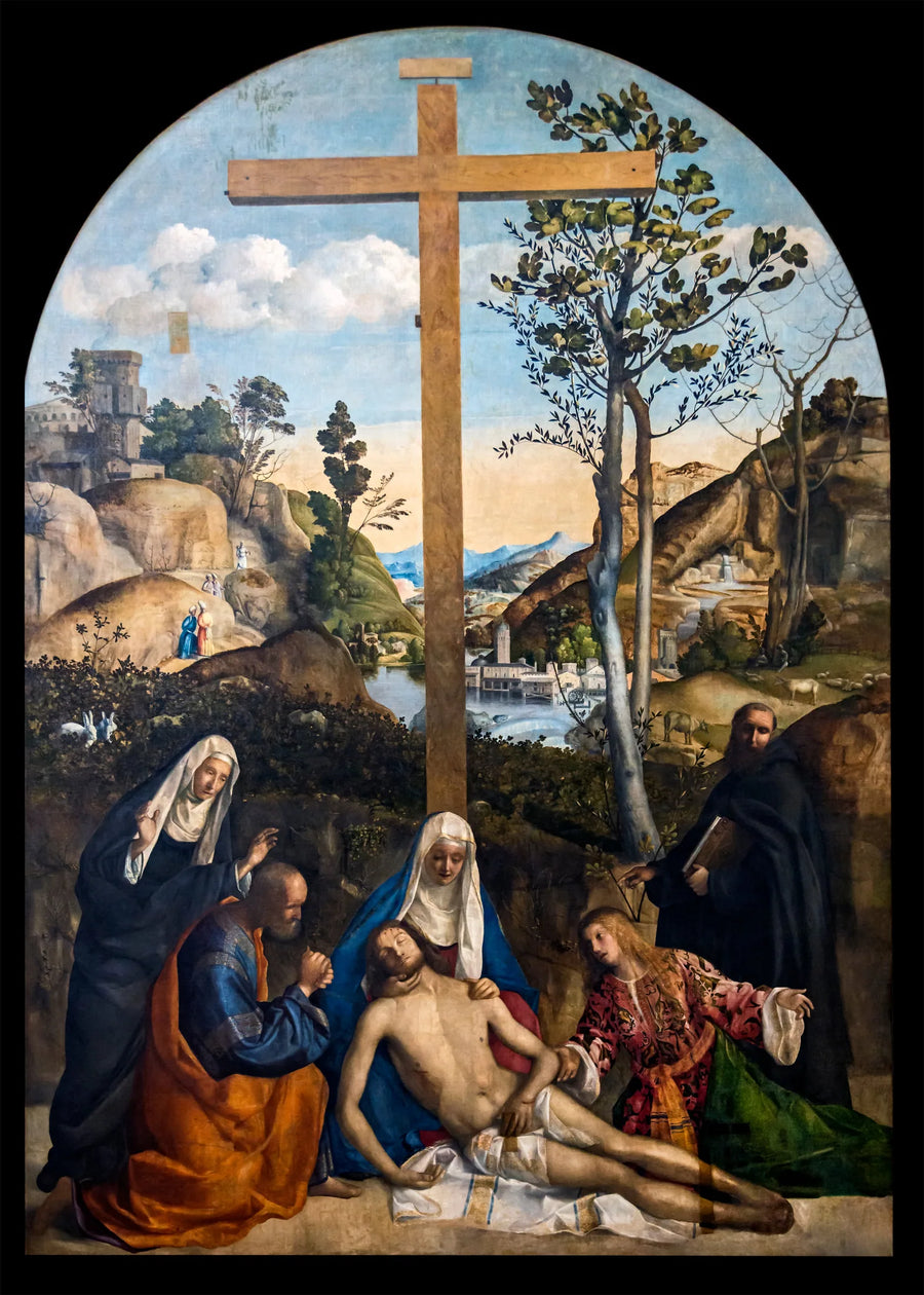 Klage über den toten Christus mit Joseph von Arimatäa, der Jungfrau und Maria Magdalena, zwischen der heiligen Martha und Filippo Benizi - Giovanni Bellini