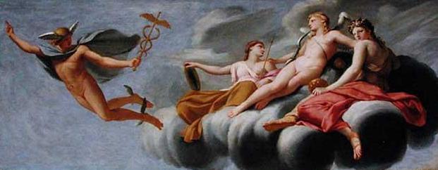 Die Liebe, umgeben von Jugend und Schönheit, befiehlt Merkur, seine Macht im Universum anzukündigen - Eustache Le Sueur