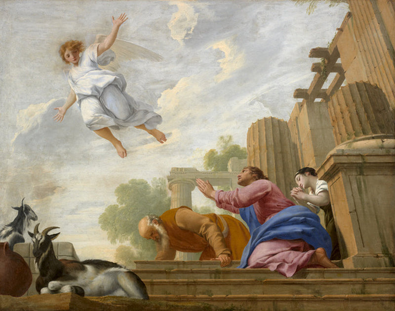 Der Engel Raphael offenbart seine wahre Natur an Tobit und seiner Familie und steigt in den Himmel auf - Eustache Le Sueur