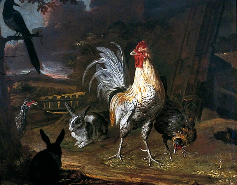 Kaninchen, ein Hahn und eine Henne vor Landschaftshintergrund - Melchior de Hondecoeter