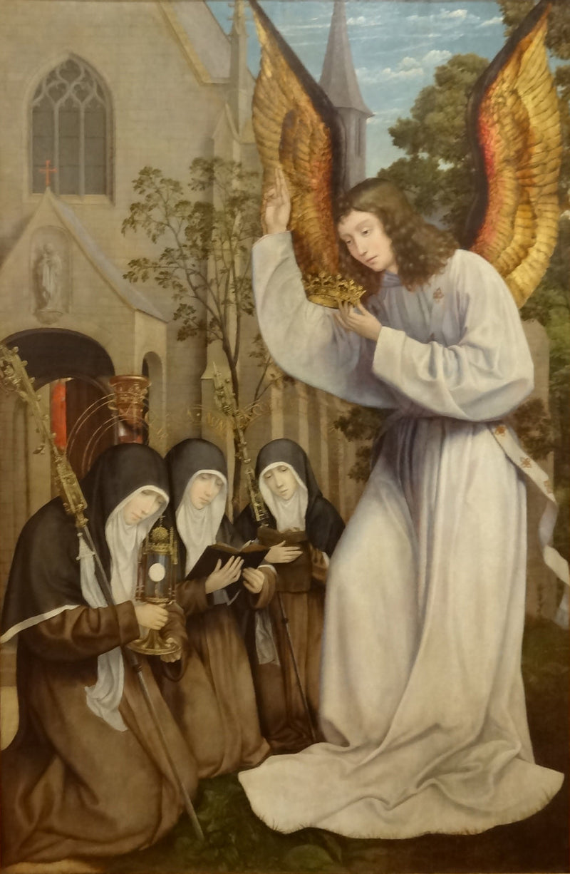 Die Erscheinung des Engels bei der heiligen Klara, der heiligen Agnes von Assisi und der heiligen Colette von Corbie - Quentin Metsys