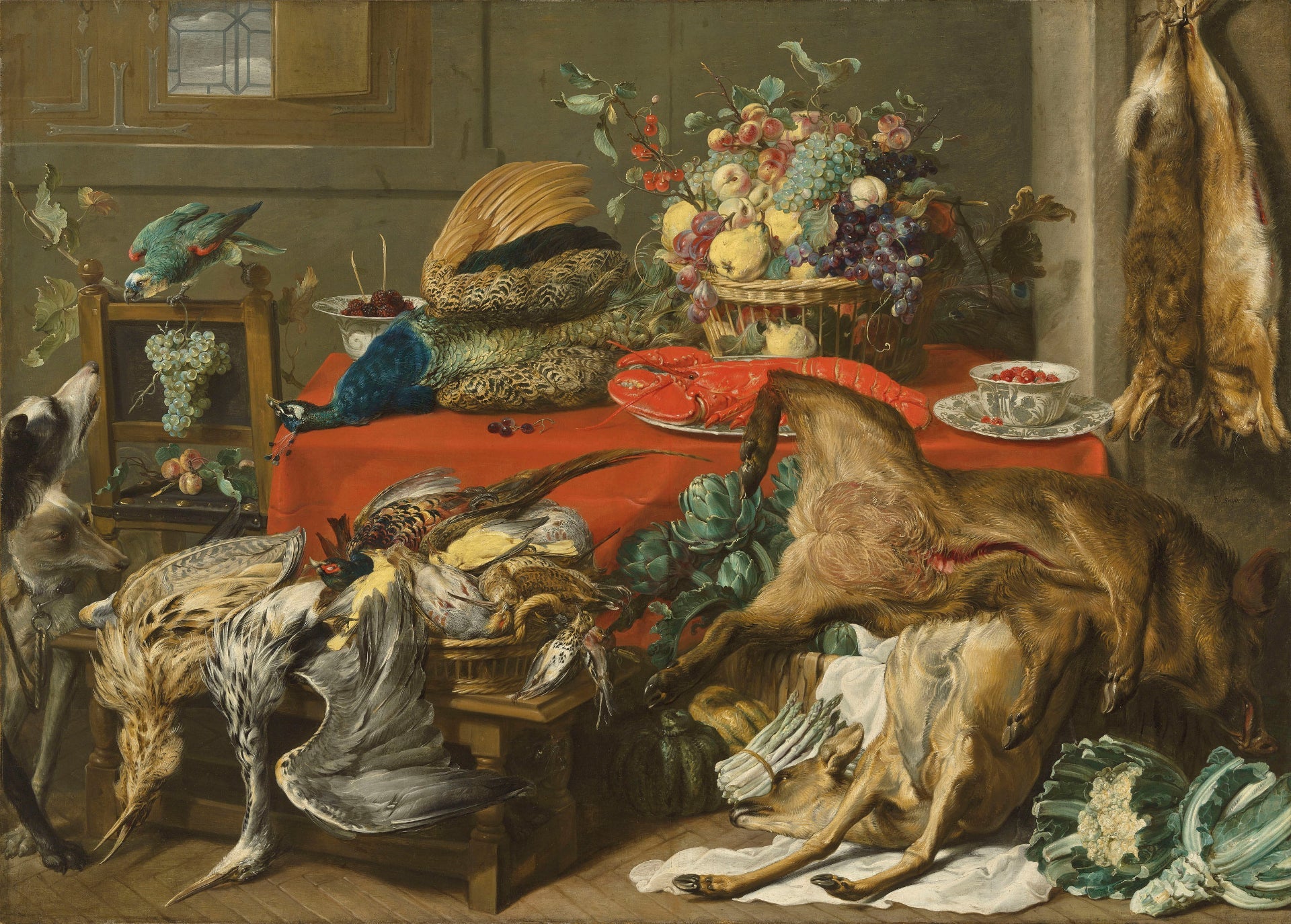 Larder with a draped table laden with game, a lobster, vegetables and fruit in a basket, and kraak porcelain, with a parrot and two hounds - Frans Snyders image 1 copie de tableau peinte à la main