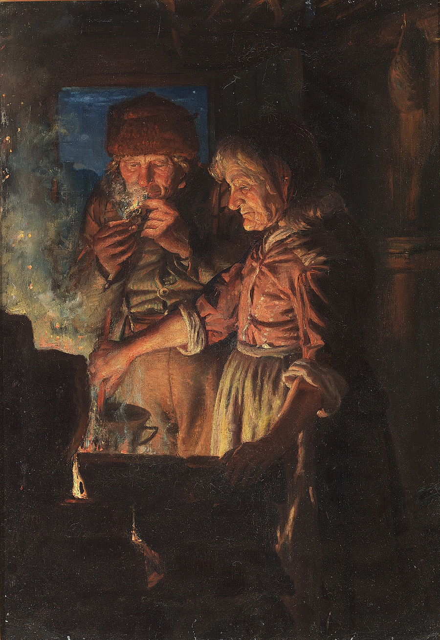Lars Gaihede und seine Frau am Kamin, Stifi rührt im Topf. – Michael Peter Ancher