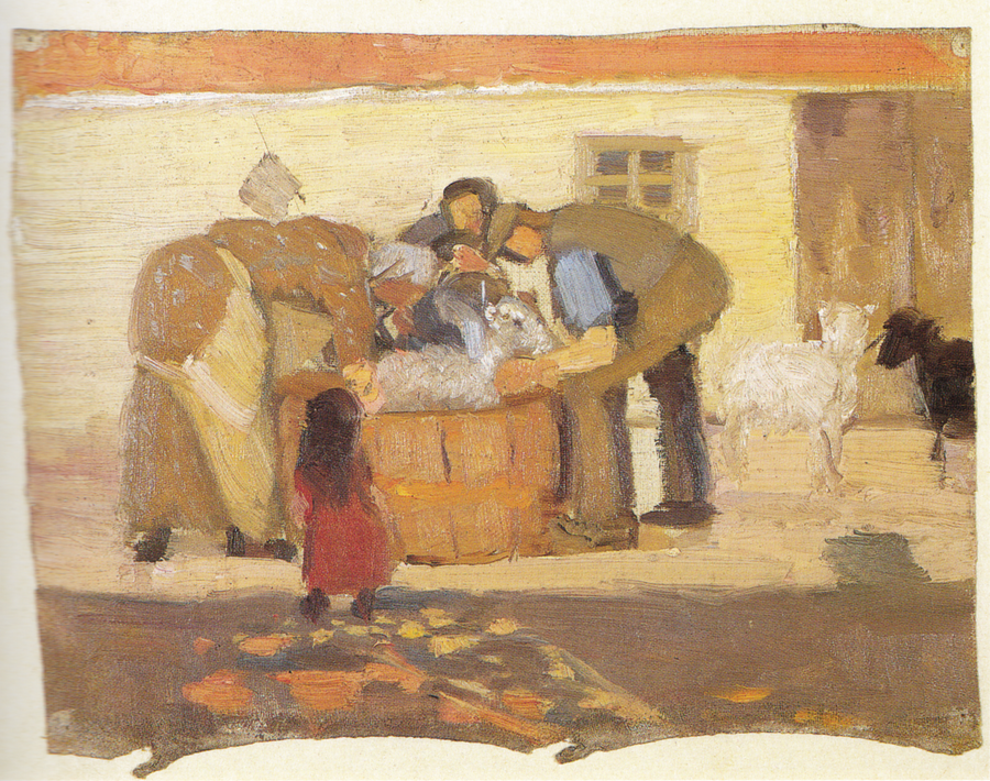 Schafe vor einem Haus waschen - Anna Ancher